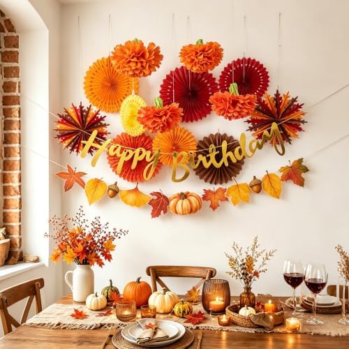SUNBEAUTY Fall Party Decorations Orange Birthday Decorations Hanging Paper Fan Pumpkins Paper Pom poms Maple Leaves Happy Birthday Banner for Thanksgiving Autumn Harvest Classroom Office Party - Image 2
