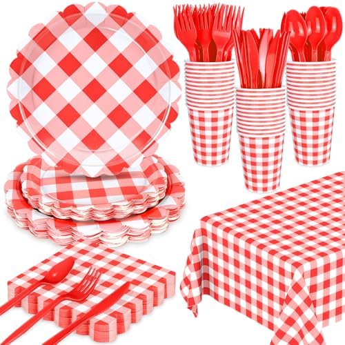 WNINK 176 PCS Red Gingham Plates and Napkins, Red Checkered Disposable Plates Set with Napkins Cups Plastic Spoons Forks Knives for Dinner Birthday Baby Shower Wedding Supplies Serve 25 Guests by WNINK