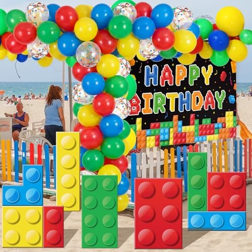 124 Pcs Building Blocks Birthday Party Decorations Set Brick Stand up Cardboard Cutouts Birthday Themed Backdrop Balloons Garland Arch Kit for Building Block Themed Celebration Supplies - Image 6