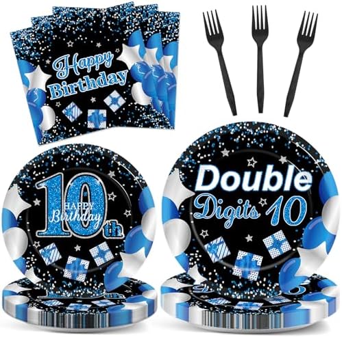 Qyeahkj 100 Pcs 10th Birthday Decorations for Boys Official Teen 10th Supplies Plate Napkin Forks Set Disposable Blue 10th Birthday Tableware Paper Plates Dinnerware for Kids Teenager Favors Serve 25 by Qyeahkj