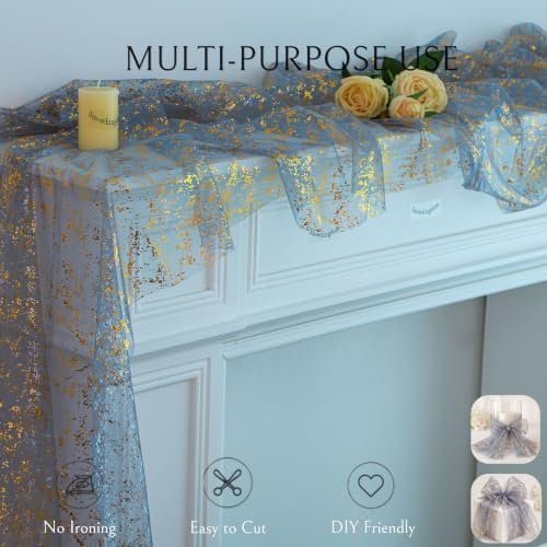 10Pcs Dusty Blue Gold Table Runner Metallic Foil Shimmer Sheer Gauze 10ft - Image 6