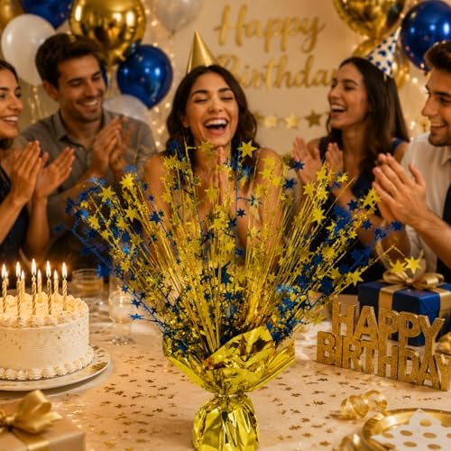 2 Pack Metallic Foil Spray Centerpiece Stars for Wedding, Birthday, Anniversary, Christmas Table Decor, Holiday Festival Baby Shower Graduation Mantle Party Decorations (Gold&Blue) - Image 4
