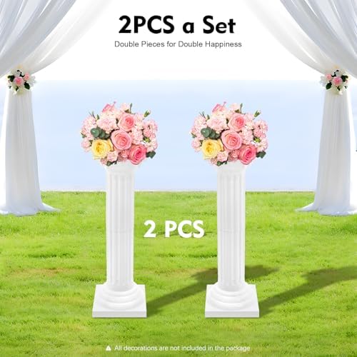 2PCS Wedding Roman Column 34.65" H Wedding Roman Column Pillars Set White Elegant Pillars Stand Event Decorative Column with Adjustable Height & Detachable Base for Weddings Parties Garden Decor - Image 2
