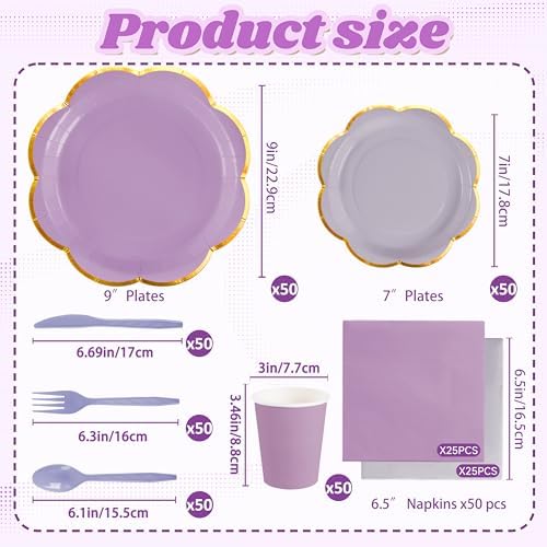 350Pcs Purple Paper Plates and Napkins Party Supplies for 50 Guests - Image 3