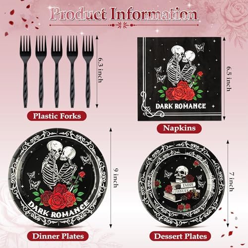 96Pcs Dark Romance Book Lover Skull Rose Black Gothic Party Plates Supplies Tableware Decorations Disposable Paper Plates Napkins Forks for Birthday, Serves 24 - Image 2