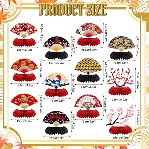 Pickmesh 12 Pieces Hibachi Birthday Party Decorations Honeycomb Centerpieces Japanese Paper Fans Table Decorations Cherry Blossom Table Topper for Japanese Party Supplies - Image 2