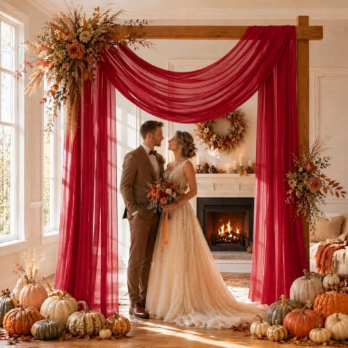 Red Wedding Arch Draping Fabric Sheer Curtain Drapes | 31" x 20 ft Extra Long Shimmery Backdrop Curtains for Wedding Anniversary Party Fall Thanksgiving Outdoor Events Drapery Backgrounds - Image 3