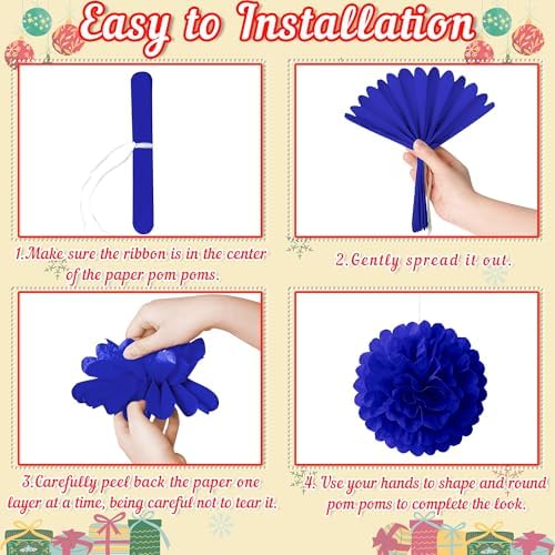 13PCS Christmas Decorations Ornaments Set – 9 Red Green Blue Hanging Paper Lanterns, 4 Pom Poms for Indoor, Home, Xmas Party, Porch Decor - Image 6