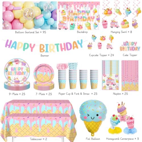 286pcs Fexivo Ice Cream Birthday Party Decorations, All-in-1 Set, 25 Guests - Image 2