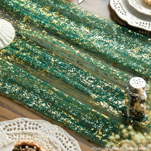 Artoid Mode Green Gold Gauze Table Runner 120 Inch 10FT, Glitter Metallic Foil Sheer Dining Wedding Anniversary Holiday Table Decor for Home Party - Image 6