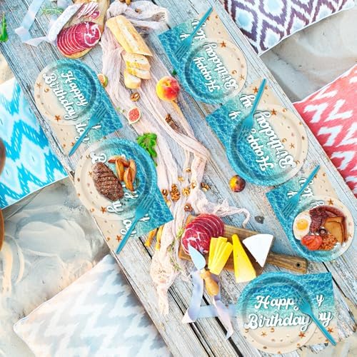 CHUNNIN 96Pcs Beach Happy Birthday Plates and Napkins Ocean Waves Ocean Seashell Party Decorations Beach Themed Party Dessert Plates Summer Pool Tableware for 24 Guests Hawaiian Supplies - Image 5