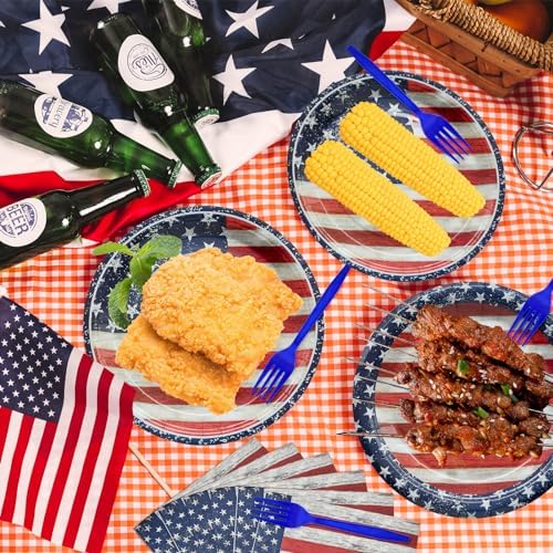 96 Pieces 4th of July Plates and Napkins Set, Vintage American Flag Disposable Tableware with Paper Plates Napkins and Forks for BBQ Picnic Party, Serves 24 - Image 6