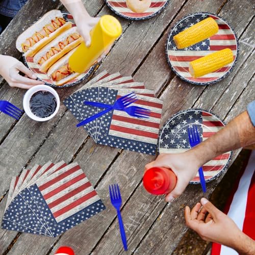 96 Pieces 4th of July Plates and Napkins Set, Vintage American Flag Disposable Tableware with Paper Plates Napkins and Forks for BBQ Picnic Party, Serves 24 - Image 4