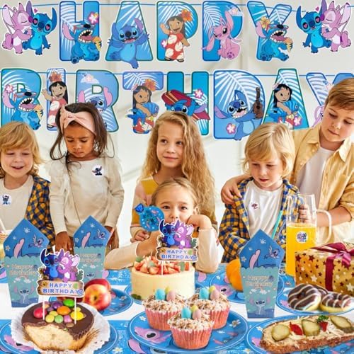 Stitch kids Birthday Party Supplies decoration Set – 125PCS, for16 Guests,1Tablecloth,16 Plates,16Napkins, Banner, Stickers, Cake Topper,16 Invitations card with envolopes,16 Blowouts &16Popcorn Boxes - Image 4