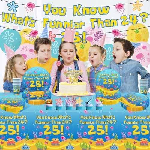 Blue Ocean Birthday Party Decorations Tableware 104Pcs Whats Funnier Than 24 25 Birthday Supplies Include Banner Balloons Plates Napkins Cups Tablecloth Cupcake Toppers and Cake Topper - Image 6
