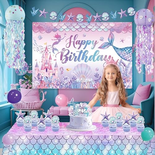 Mermaid Birthday Decorations For Women,Colorful Jellyfish Lanterns,Happy Birthday Backdrop,Banner Balloons,Table Cloth,Paper pom poms Party Supplies for Girls - Image 3