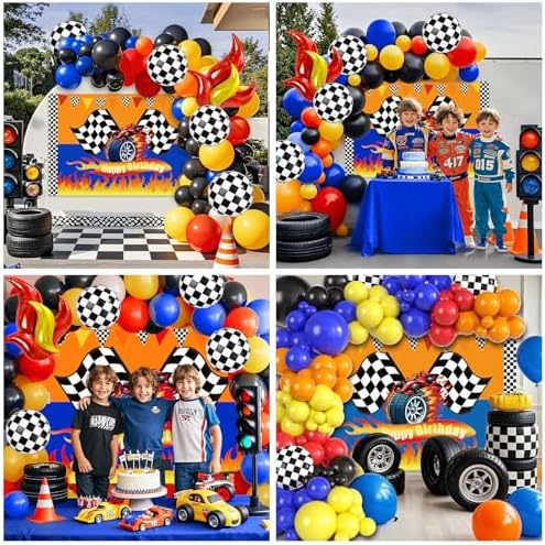 131 Wheels Race Car Birthday Party Decorations Supplies, Racing Red Blue Yellow Black Balloons Garland Arch Kit Backdrop Tablecloth Checkered Foil Balloons, Boy Kid Girl Cars Party Decor - Image 7