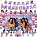 Birthday Party Decorations, Purple Pink Party Supplies Set with Happy Birthday Banner, Backdrop, Balloons, Hanging Swirls Cake Toppers and Cupcake Toppers for Fans Birthday Party by YUNKELIU