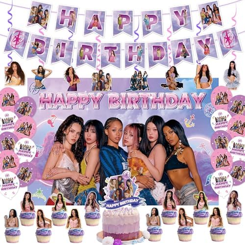 Birthday Party Decorations, Purple Pink Party Supplies Set with Happy Birthday Banner, Backdrop, Balloons, Hanging Swirls Cake Toppers and Cupcake Toppers for Fans Birthday Party by YUNKELIU