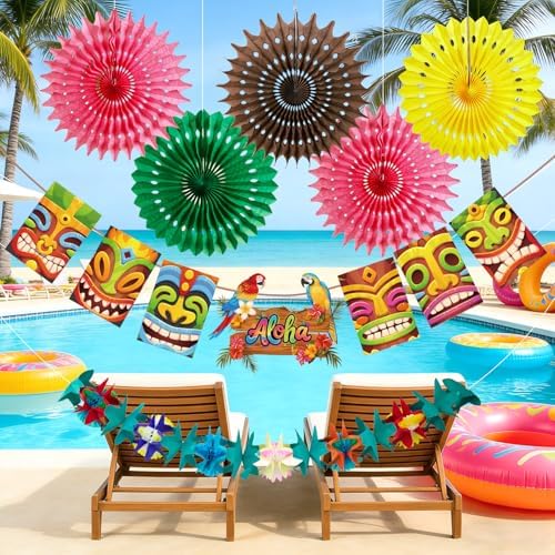 Hawaiian Luau Party Decorations Tropical Beach Aloha Palm Leaves Garland Luau Honeycomb Table Centerpiece Tissue Pom Poms Paper Fans Tiki Totem Hanging Decor Tropical Summer Beach Pool Party Supplies - Image 2