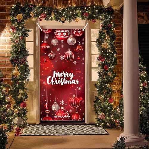 BlissYard Merry Christmas Door Cover 71x35 Inch Front Porch Door Banners Decoration Winter Red Hanging Christmas Ornaments with Snowflakes for Sign Party Indoor Decor - Image 2