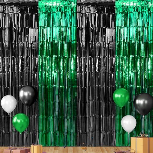 6Pack 3.3Ft x 6.6Ft Graduation Foil Fringe Curtain Backdrop Decorations, Green Black Metallic Tinsel Foil Streamers Curtain Photo Booth Background for Graduation Prom Wedding Birthday Party Decoration by Zachely
