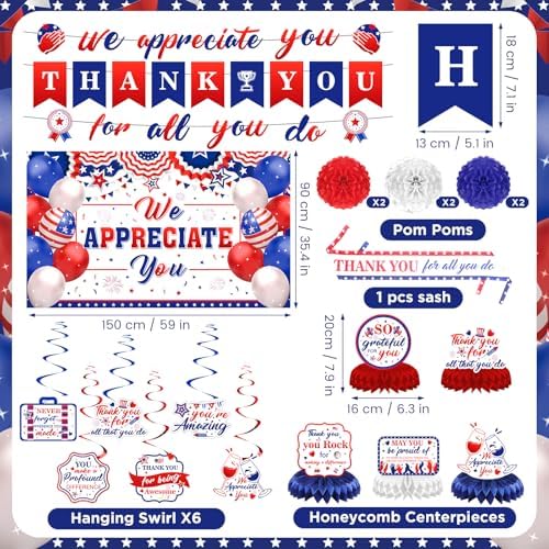 We Appreciate You Party Decorations Red Blue Thank You for All You Do Banner Honeycomb Centerpieces Hanging Swirls for Men Labor Day Office Employee Pastor Teacher Doctor Appreciation Party Supplies - Image 3