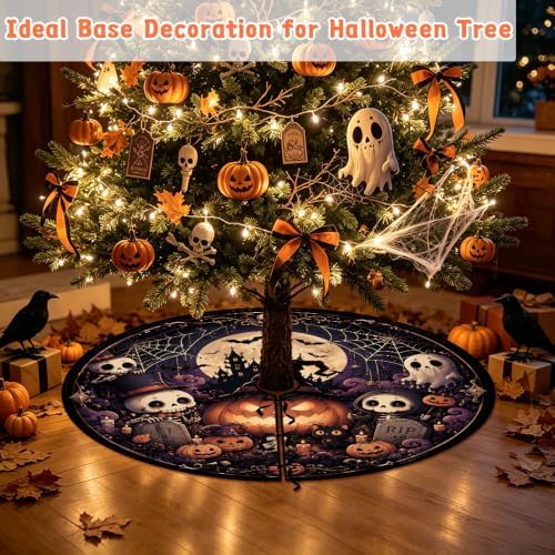 36 Inch Halloween Tree Skirt Pumpkin Ghost Skull Spooky Carpet Mat Decor - Image 6