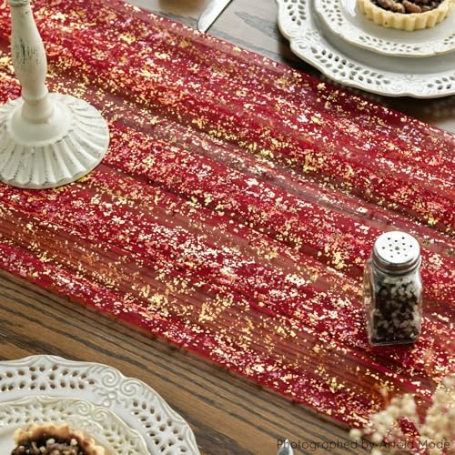Artoid Mode Red Gold Gauze Table Runner 120 Inch 10FT, Glitter Metallic Foil Sheer Dining Wedding Anniversary Holiday Table Decor for Home Party - Image 2