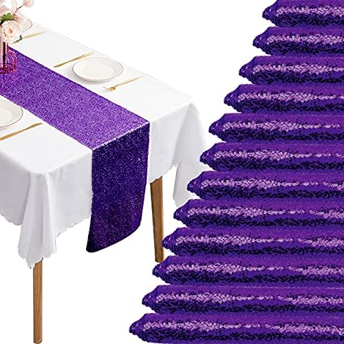 12 Packs 12 X 72 Inch Purple Sequin Table Runner Glitter Dining Table Runner for Birthday Wedding Engagement Bridal Baby Shower Bachelorette Holiday Celebration Party Supplies Decorations (Purple) by Fivenl