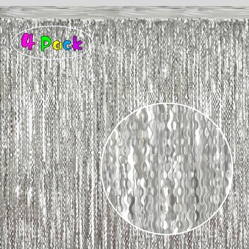 4 Pack Wavy Silver Tinsel Foil Fringe Curtains Streamers Backdrop Matte - Image 2