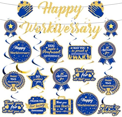 Blue Happy Work Anniversary Decorations Banner Navy Blue Gold Glitter Happy Workiversary Banner Office Anniversary Party Hanging Swirls Banner for Employee Worker Office Party Decor Supplies by Unknown
