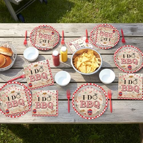 BBQ Party Tableware Decorations - 96 Pcs I Do BBQ Plates Napkins Forks Decorations, Red Gingham Dinnerware Set for Summer Bachelorette Wedding Bridal Party Serve 24 - Image 5