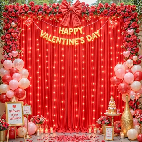 30 x 10ft Red Green Backdrop Curtains with Lights String - Image 7