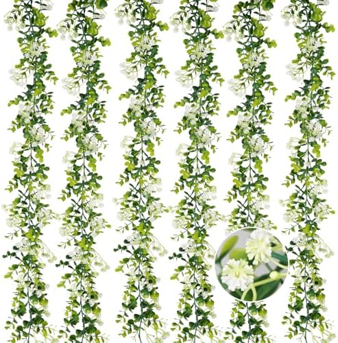6FT Eucalyptus Garland with Flowers, 6 Pack Artificial Greenery Garland Hanging Summer Eucalyptus Garland Suitable for Table Wedding Backdrop Arch Wall Party UV Protected Indoor Outdoor Decor by HIAGROW