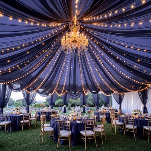 Navy Blue Ceiling Drapes with Lights String for Weddings, 6 Panels 5ftx20ft Sheer Tulle Backdrop Photo Background Drapes for Wedding Ceremony Birthday Party Arch Decoration - Image 3