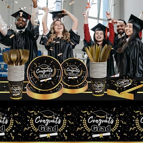 Graduation Party Decor - 147 PCS Disposable Tableware, Black & Gold Congrats Grad Decor, Tablecloth, Knives, Forks, Plates, Napkins, Cups - Serves 24 - Image 2