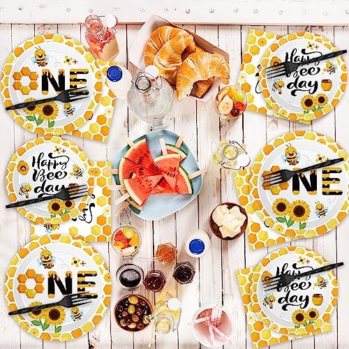 Qyeahkj 100 Pcs Bee 1st Birthday Party Supplies Paper Plates and Napkins Set Disposable Bee First Birthday Tableware Decorations for Bees Theme Baby Shower Serves 25 - Image 6