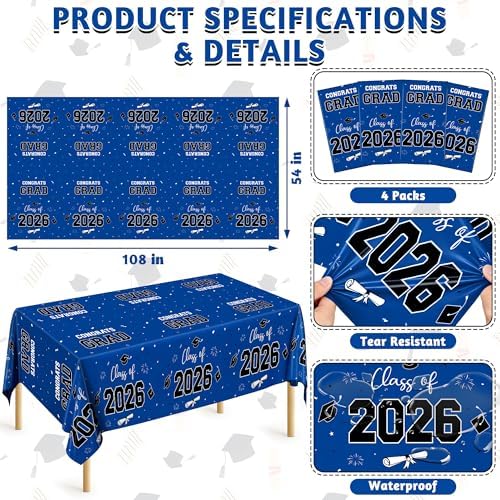 QZYL 4 Pack Graduation Tablecloth, 54" x 108" Blue Graduation Table Decorations 2026, Plastic Tablecover for Class of 2026 Congrats Grad, Rectangle Disposable Grad Party Decorations Supplies Favors - Image 2