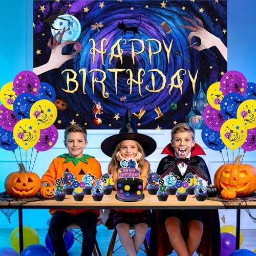 40Pcs Horror Birthday Party Decorations Blue Purple Theme Birthday Party Supplies Including Banner Hanging Swirls Balloons Backdrop Cake Toppers and Cupcake Toppers for Halloween Parties Decorations - Image 5