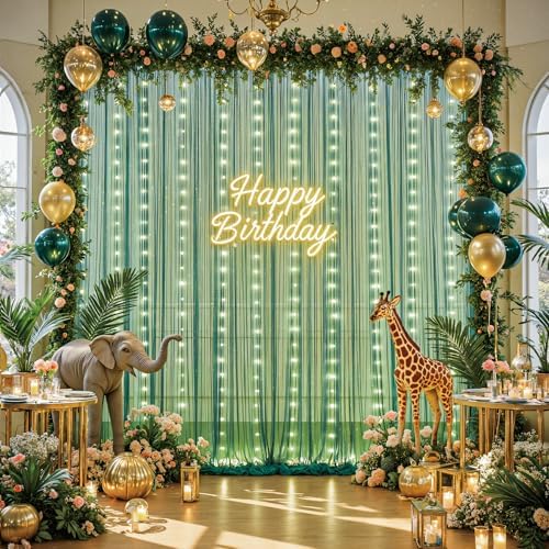 10ft x 8ft Hunter Green Tulle Photo Backdrop Curtain with Lights String for Christmas Party Sheer Curtain Backdrop Drapes for Birthday Party Holiday Wedding Photo Booth Background Room Decorations - Image 2
