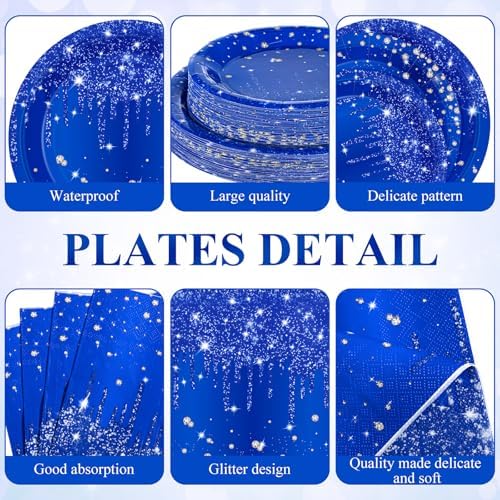Funnymoom 452 Pcs Navy Blue Birthday Party Decoration Include Royal Blue Paper Plates Diamond Napkins Cups Tablecloth Cutlery Straws Tableware for Birthday Baby Shower Graduation Party Supplies - Image 2