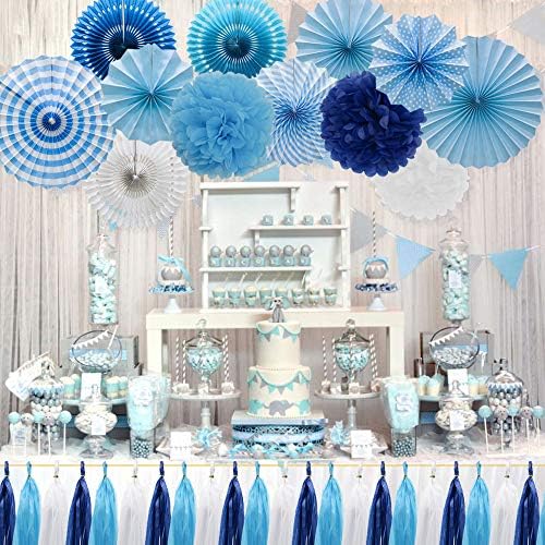 34 Pcs Blue Party Decorations, Paper Fans Pom Poms Tassel Garland 8-16 in - Image 5