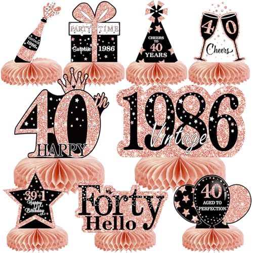 9Pcs 40th Birthday Decorations Honeycomb Centerpieces for Women, Rose Gold Pink Happy 40th Birthday Centerpieces Tables Toppers Party Decorations Supplies, Vintage 1986 Aged Table Sign Decor by MOORAY