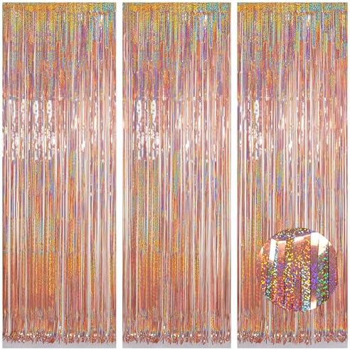 Rose Gold Fringe Curtain Backdrop 3 Pack, 3.2 x 8.2 FT Decorations by Melsan