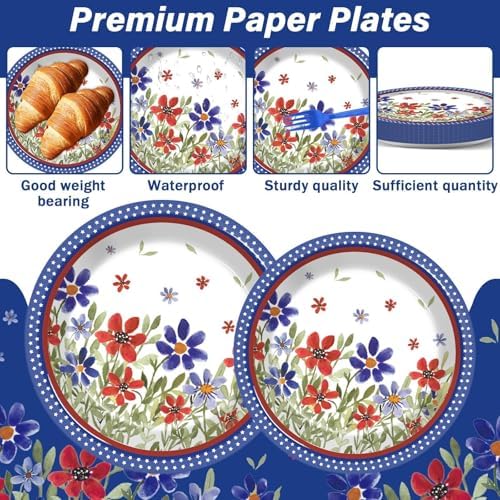 96Pcs American 4th of July Independence Party Plates and Napkins Patriotic Party Decorations Memorial Days Dessert Plates Poppy Flower Tableware for 24 Guests Labor Veterans Days Party Supplies - Image 3