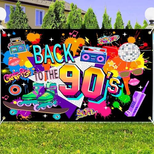 90s Photo Background 12x10 FT Polyester 80s Theme Backdrop Back to The 90s Banner 1990s Party Decorations Kids Adults Portrait Photography Props for Birthday Party Anniversary Event Supplies - Image 3