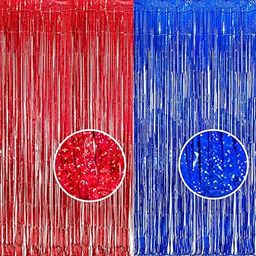 BRAVESHINE Red Blue Tinsel Foil Fringe Curtains | Party Steamers Backdrop by BRAVESHINE