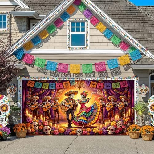 Day of The Dead Garage Door Cover 8x7ft Skull Dancing Halloween Decor - Image 5