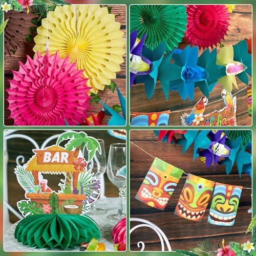 Hawaiian Luau Party Decorations Tropical Beach Aloha Palm Leaves Garland Luau Honeycomb Table Centerpiece Tissue Pom Poms Paper Fans Tiki Totem Hanging Decor Tropical Summer Beach Pool Party Supplies - Image 4